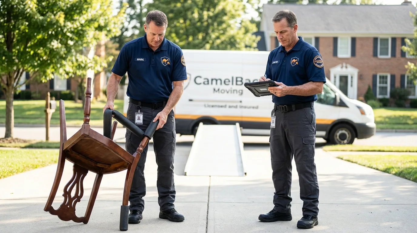 Movers inspecting furniture for damage prevention before loading in Summerfield, NC